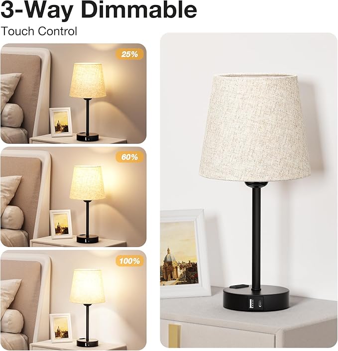 Conjunto de 2 Candeeiros de Mesa de Cabeceira, com Função de Carregamento USB-A + USB-C e Tomadas Abajur em Linho Bege