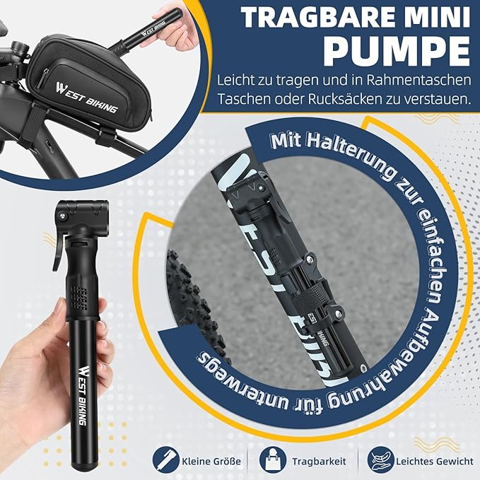 Mini Bomba de Ar para Bicicleta West Biking – Portátil, Alumínio, Todas as Válvulas