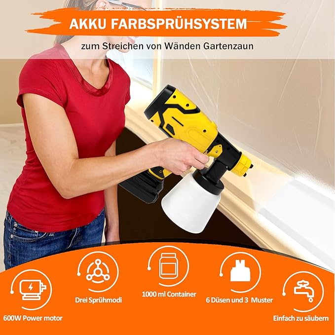 Pistola de Pintura Elétrica a Bateria 21V 600W – Depósito 1000 ml, 6 Bicos, 3 Modos de Pulverização (Amarela)
