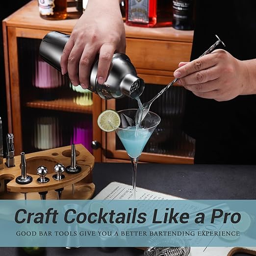 Kit de Cocktail 12 Peças - Prateado - Base em Bambu