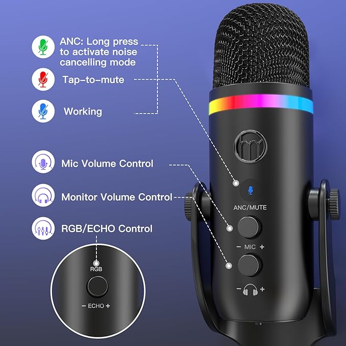 Microfone Gaming RGB ZealSound K66 Pro – USB, iPhone, PS5, Streaming