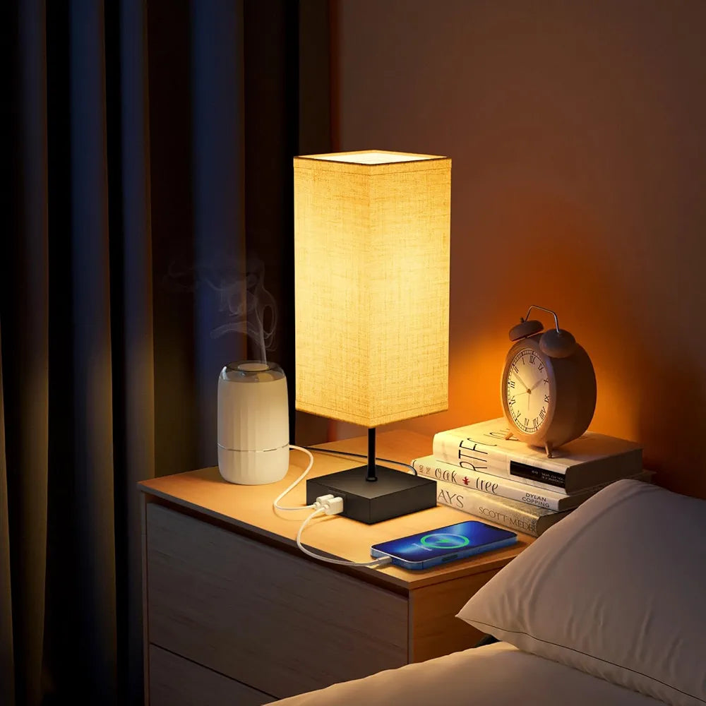 FANSANMY Candeeiros de mesa de cabeceira, candeeiros de mesa com 2 portas USB de carregamento rápido, 3 temperaturas de cor e regulação contínua, 2 lâmpadas E27 de 6 W para quarto, sala, escritório