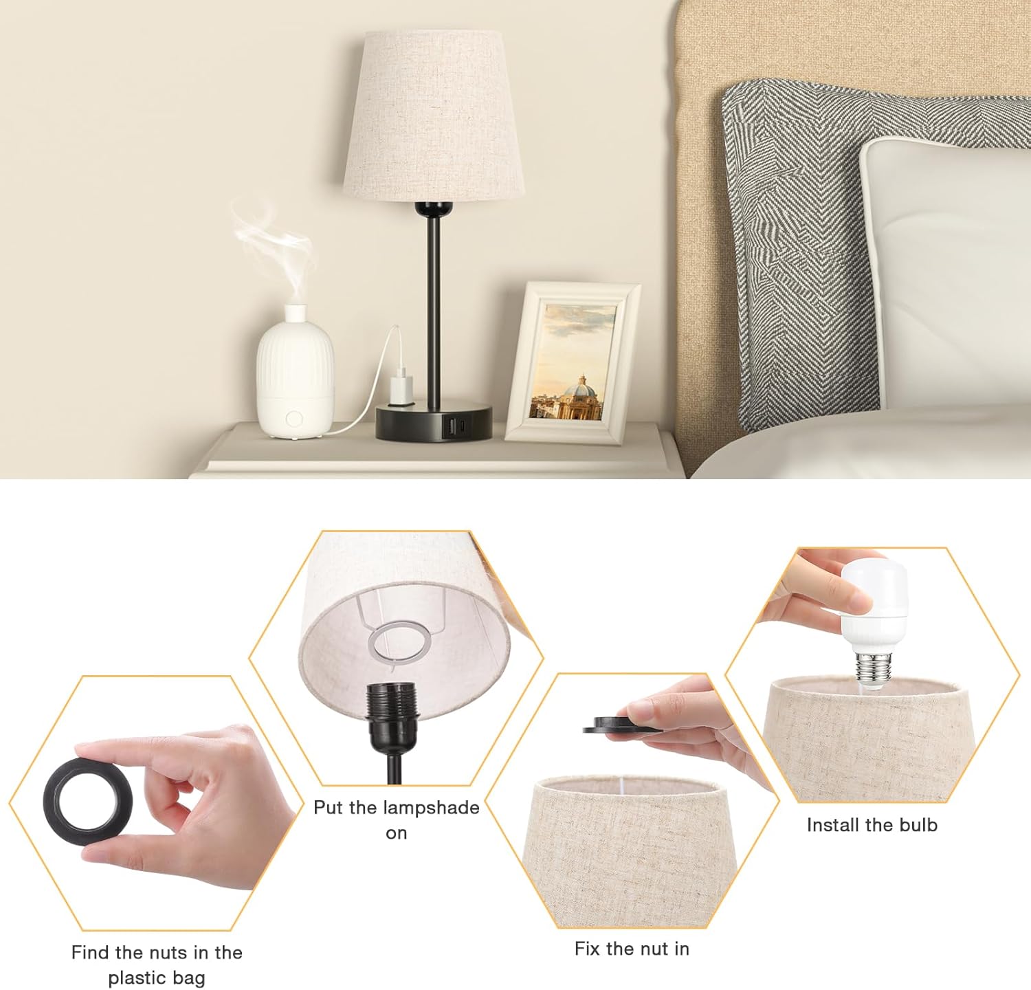 Conjunto de 2 Candeeiros de Mesa de Cabeceira, com Função de Carregamento USB-A + USB-C e Tomadas Abajur em Linho Bege