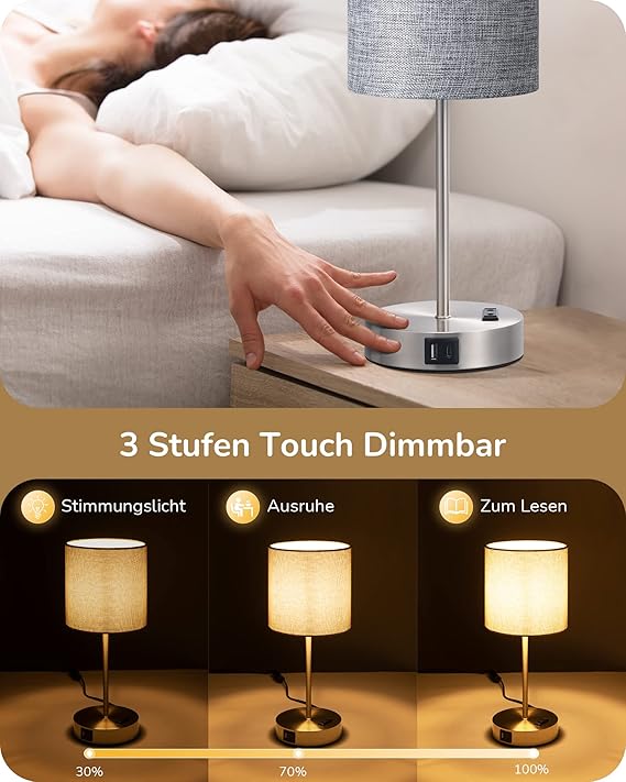 Candeeiro de Mesa EDISHINE LED – Conjunto de 2 Lâmpadas de Cabeceira Táctil com 2 Portas USB e Tomada, Moderno, Cinzento