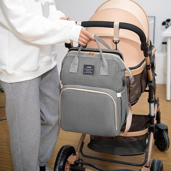 Mochila para fraldas com berço integrado - com trocador, bolsa térmica, mosquiteiro e porta USB para carregamento (cinza)