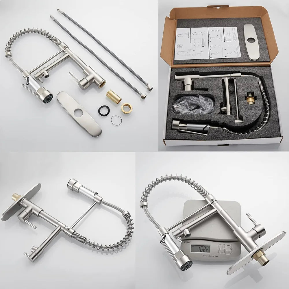 SkyPanda Torneira de cozinha, mola de latão escovado com cabeça de pulverização Pull Down, com 2 saídas , cabeça de pulverização de alta pressão, escova de níquel