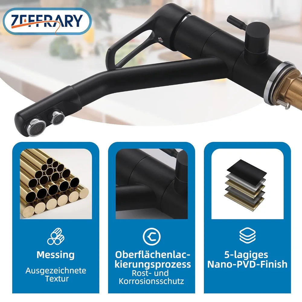 Zeffrary Torneira de cozinha de 3 vias, torneira de cozinha giratória de 360°, misturador para lavatório com flexível, G3/8 polegadas 