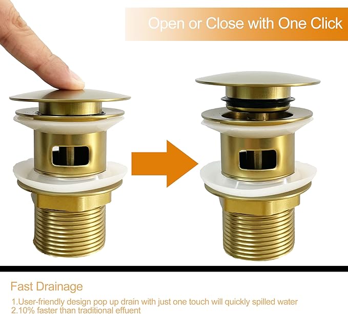 Válvula de Dreno Universal com Sistema Pop-Up e Função de Extravasamento, Encaixe 1 1/4” para Lavatórios, Núcleo em Latão, Cor Dourada