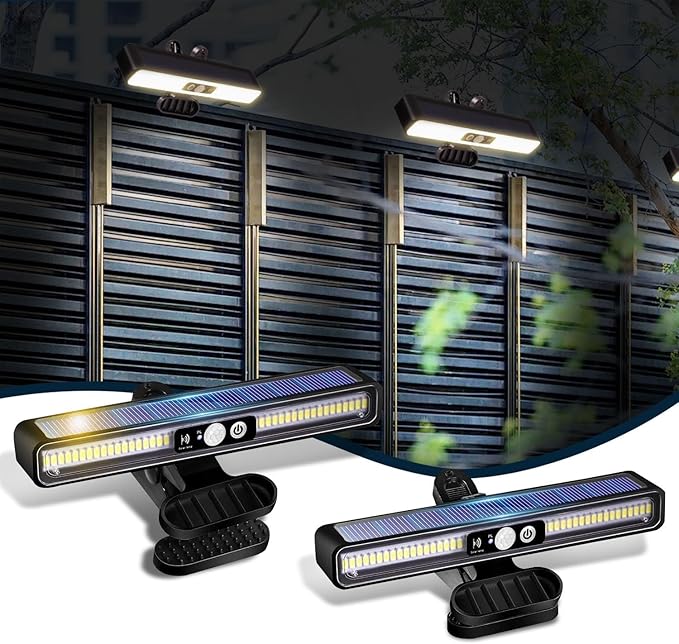 ICEKO Luz solar exterior com clipe 【2 embalagens/136 LED/3 modos】Focos LED solares com sensor de movimento, 1200 mAh IP55 impermeável luzes solares para jardim, garagem, pátio