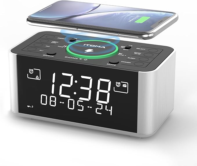 Rádio Despertador iTOMA com Carregamento Sem Fios, Bluetooth e Rádio DAB/FM