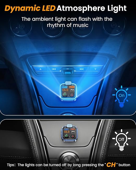 Transmissor FM Bluetooth LENCENT para Carro – USB-C 20W, QC 3.0, Mãos-Livres e Hi-Fi