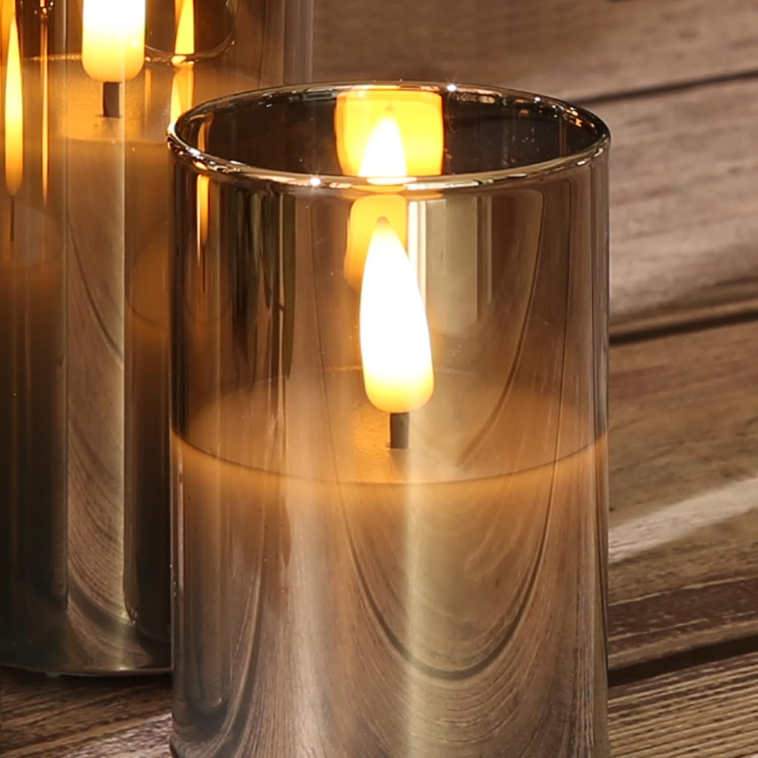 Conjunto de 5 Velas LED Slim em Vidro Cinza com Comando – Sem Chama, Efeito Tremeluzente