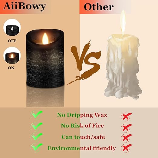 Velas LED AiiBowy [3 Peças] – Sem Chama, Exterior, Chama Tremeluzente, Controle Remoto, Temporizador, Ajuste de Luz – Preto