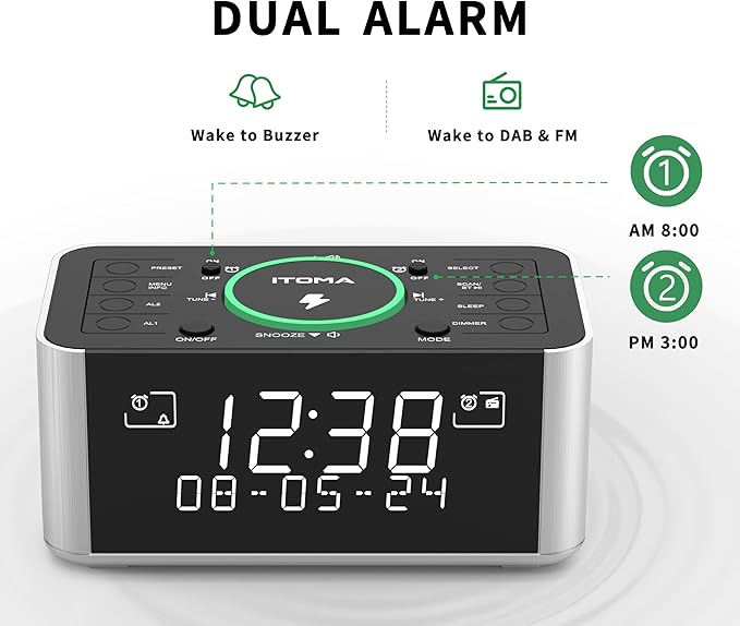Rádio Despertador iTOMA com Carregamento Sem Fios, Bluetooth e Rádio DAB/FM