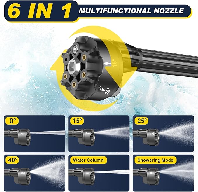 Lavadora de Alta Pressão a Bateria 60 Bar – Pistola de Água Portátil com 2 Baterias 4000 mAh, Bocal 6 em 1, Mangueira 5 m