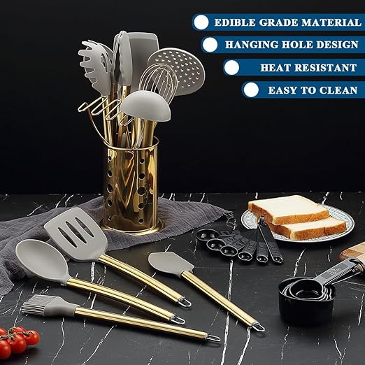 Conjunto de Utensílios de Cozinha Dourados Kyraton – 38 Peças em Silicone Antiaderente com Suporte em Aço Inoxidável