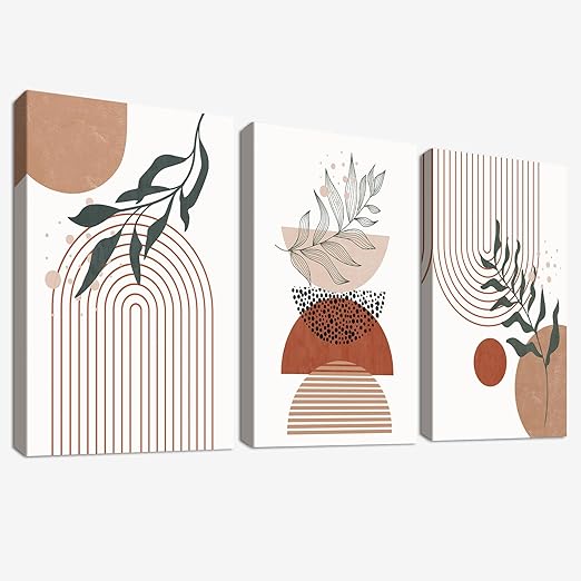Conjunto 3 Quadros Geométricos em Tela – Boho Minimalista Preto, Bege e Terracota 30x40 cm