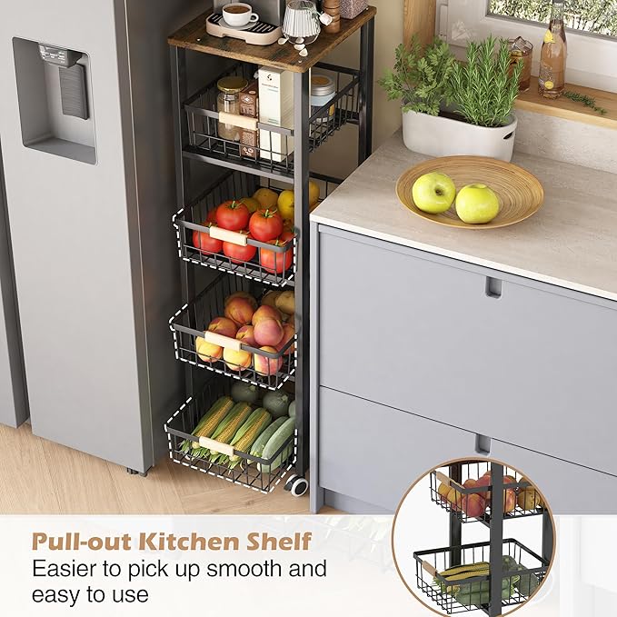 Carrinho de Cozinha 5 Níveis com Cestas e Rodas Bloqueáveis (Preto) – 40×30×107 cm