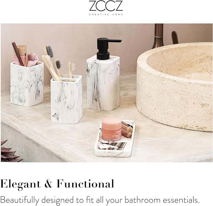 Conjunto de Acessórios de Casa de Banho ZCCZ – 4 Peças com Efeito Mármore Branco