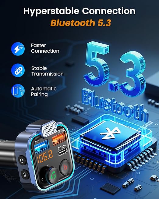Transmissor FM Bluetooth LENCENT para Carro – USB-C 20W, QC 3.0, Mãos-Livres e Hi-Fi