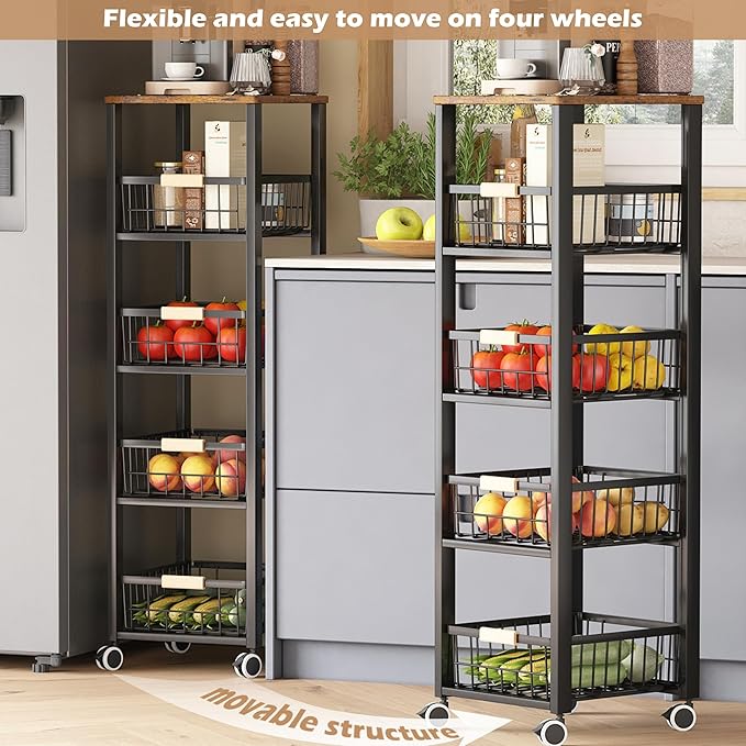 Carrinho de Cozinha 5 Níveis com Cestas e Rodas Bloqueáveis (Preto) – 40×30×107 cm