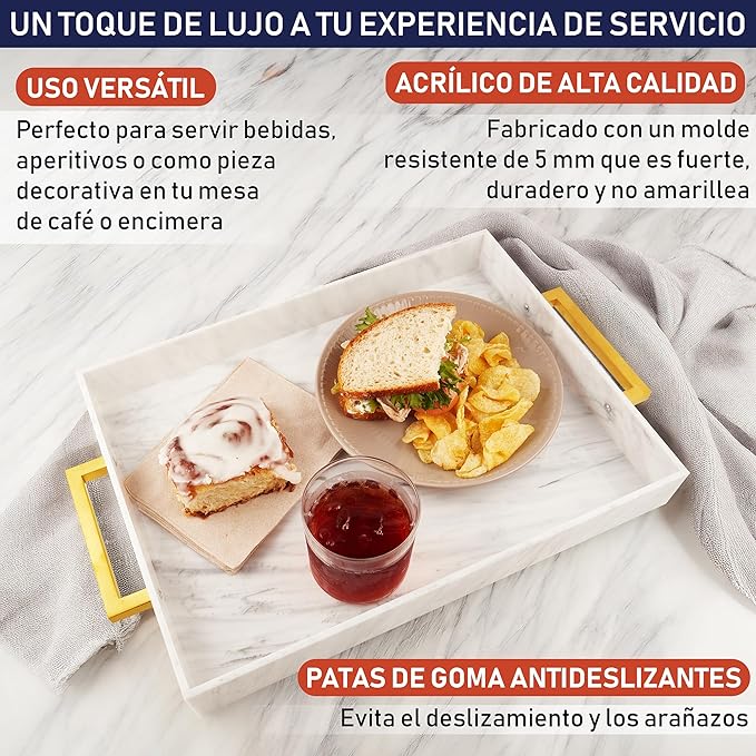 Bandeja Decorativa em Acrílico  com Pegas Douradas (Efeito Mármore)