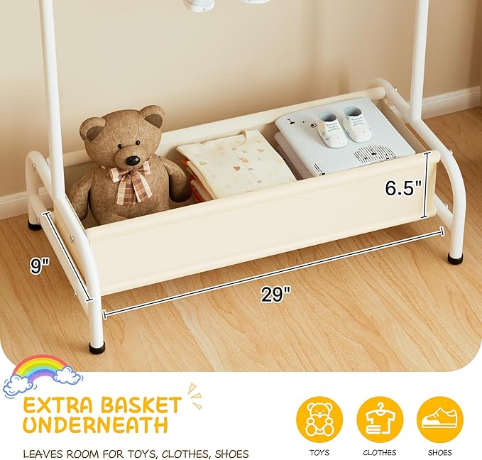 Suporte de Cabides Infantil com Cesto — Estrutura Metálica Estável, 114 cm, Ideal para Quarto, Roupa de Criança e Organização