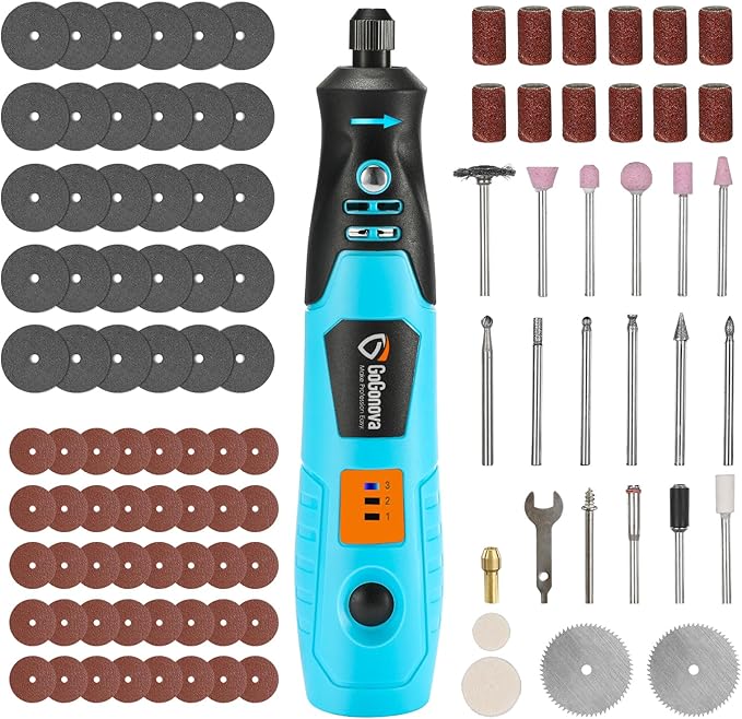 Ferramenta Multifuncional GoGonova a Bateria – 4 V, 3 Velocidades com 105 Acessórios para Lixar, Cortar, Gravar e Polir