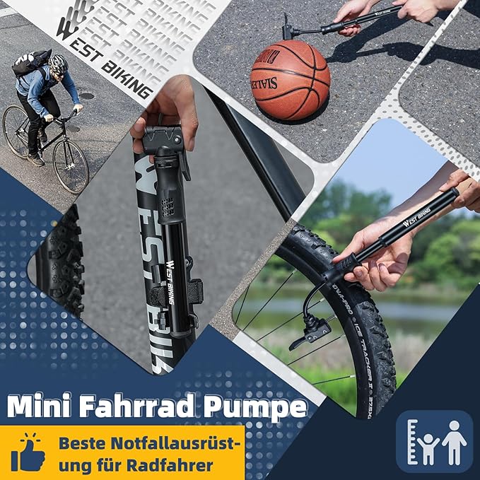 Mini Bomba de Ar para Bicicleta West Biking – Portátil, Alumínio, Todas as Válvulas