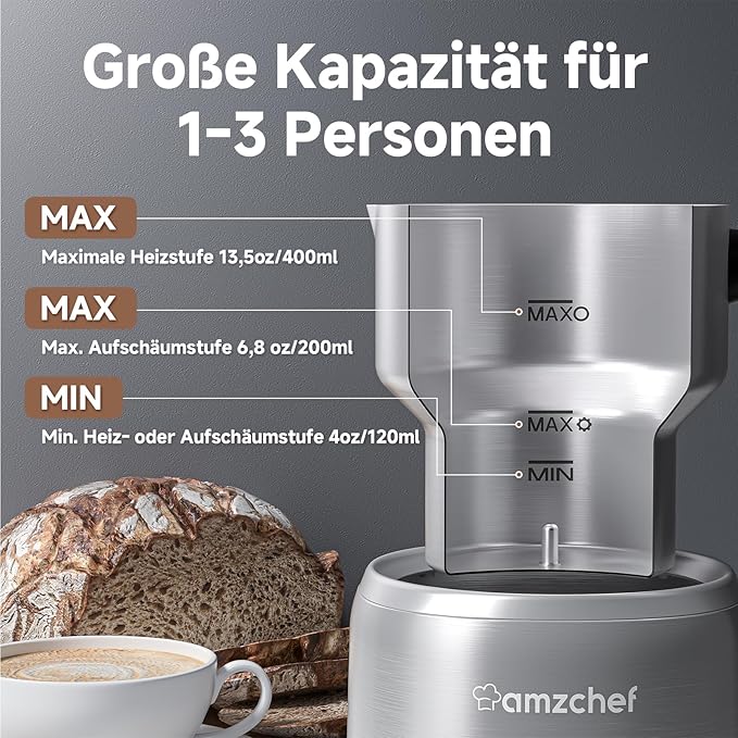 Espumador de Leite Elétrico AMZCHEF com Ecrã Tátil LED – Aço Inoxidável, Aquecimento por Indução 3D, Ideal para Chocolate Quente, Latte, Cappuccino e Mocha