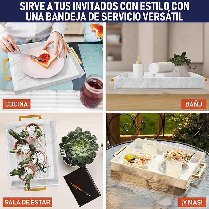Bandeja Decorativa em Acrílico  com Pegas Douradas (Efeito Mármore)