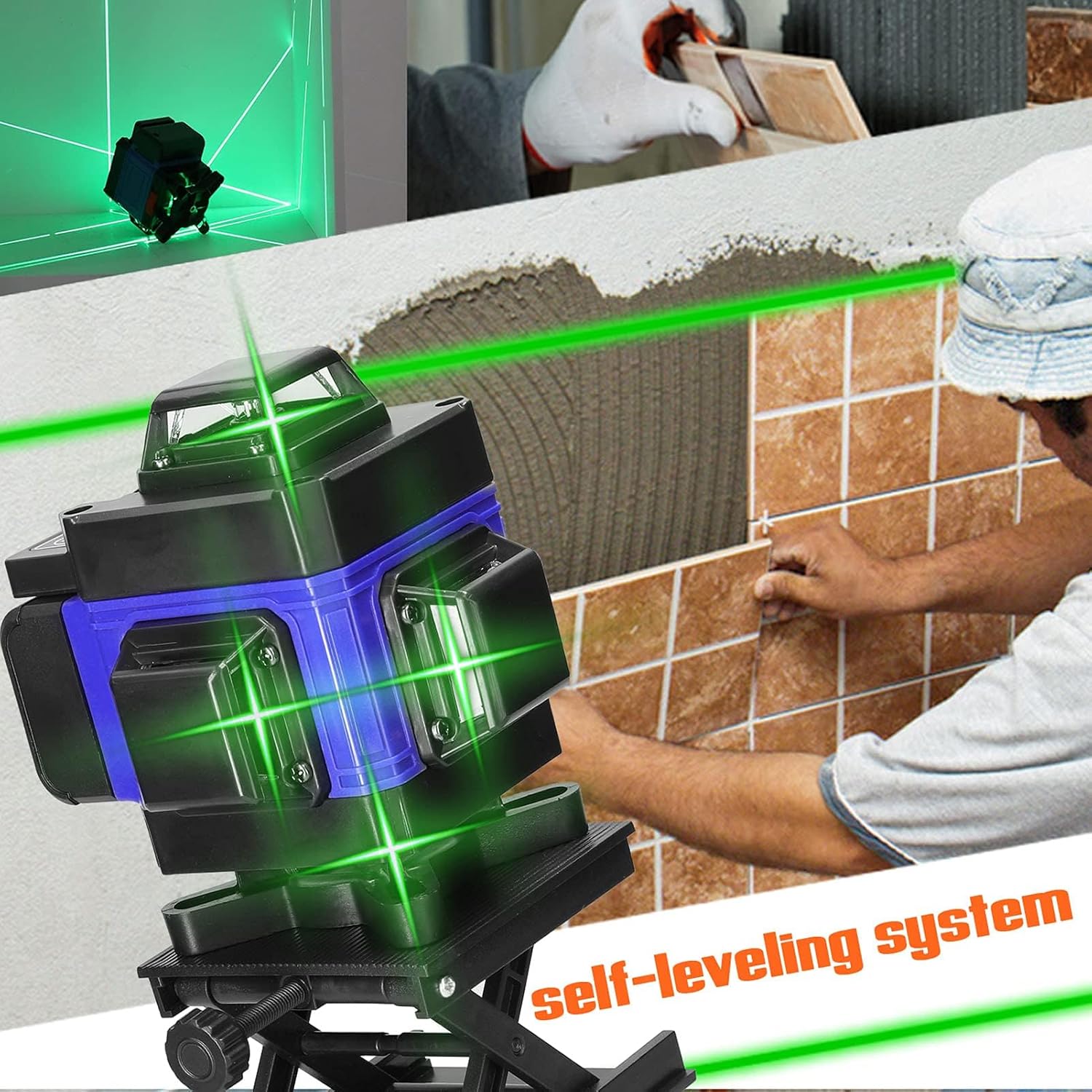 Nível Laser 4D 16 Linhas Verde – Auto Nivelante ±3°, 2 Baterias Recarregáveis