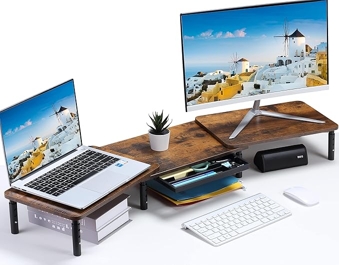 ETHU Suporte para monitor duplo, elevador de monitor duplo, ajustável, organizador com suporte para telefone e gaveta, acessórios de escritório, altura regulável