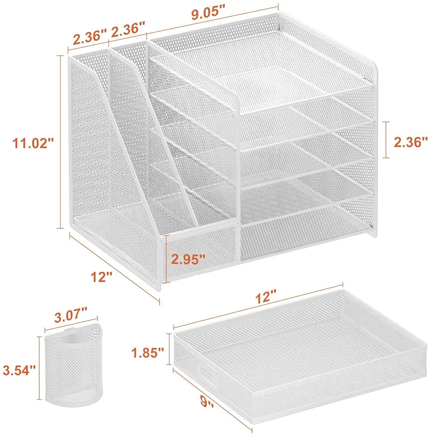 Marbrasse Organizador de secretária, 5 níveis organizador de bandeja de papel de malha, com gaveta e 2 suportes para canetas esferográficas, organizador de secretária armazenamento para casa
