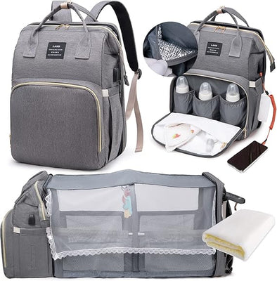 Mochila para fraldas com berço integrado - com trocador, bolsa térmica, mosquiteiro e porta USB para carregamento (cinza)