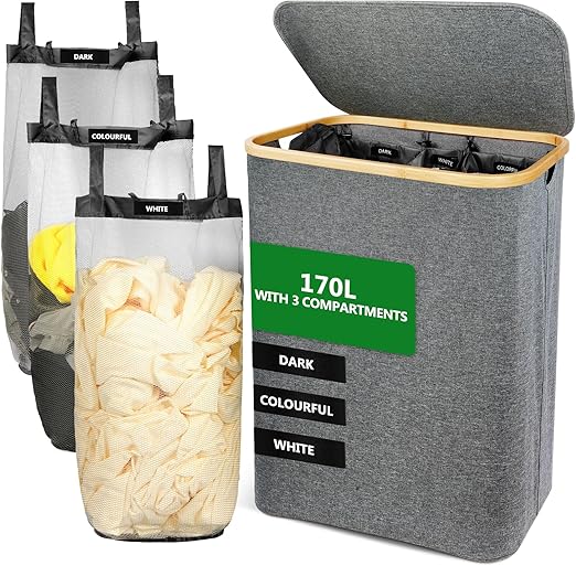 Cesto de Roupa SOUTHGATE com 3 Compartimentos e Tampa – Cesto de Lavandaria Dobrável 140L com Sacos Removíveis e Estrutura em Bambu (Cinza)