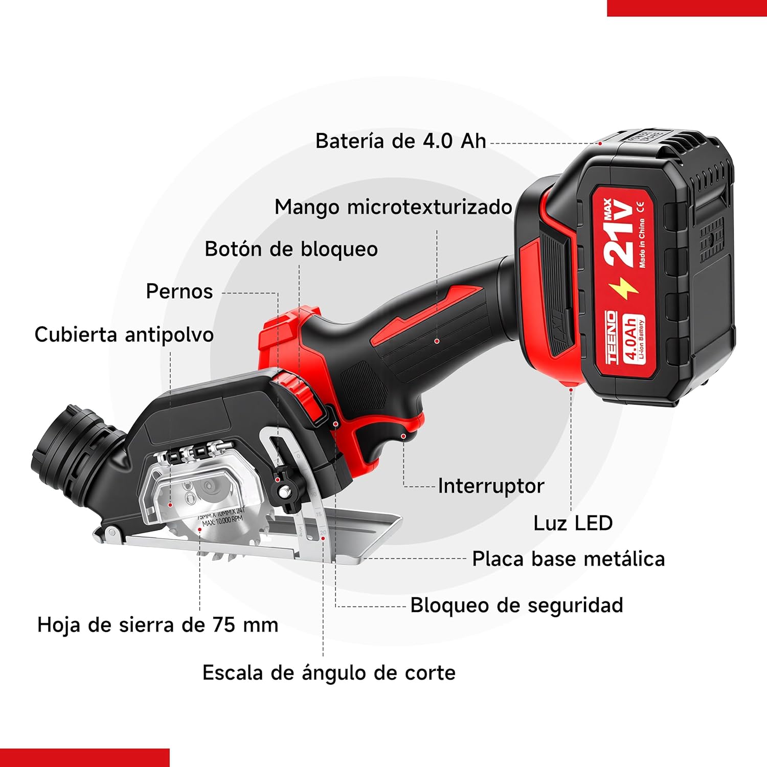 Serra Circular Mini Sem Fios TEENO com 2 Baterias