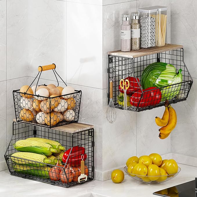 Cesto de Frutas em Metal – 2 em 1, Suporte de Parede ou Bancada, com Ganchos para Banana e Prateleira em Madeira