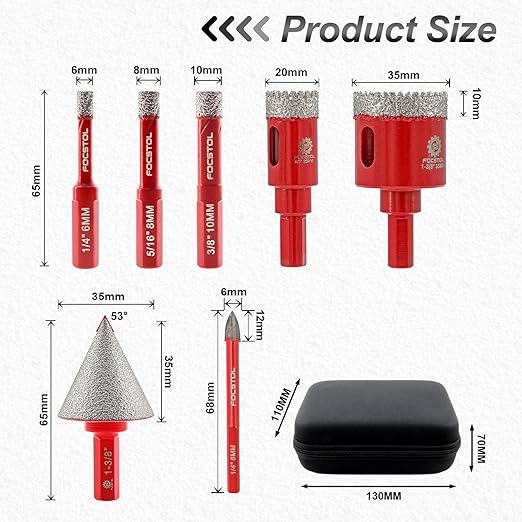 Conjunto de Brocas Diamantadas FOCSTOL – Kit 7 Peças para Cerâmica, Porcelanato, Mármore e Granito