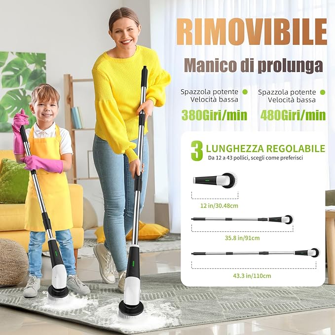 Escova Elétrica de Limpeza Rotativa YKYI – 8 Cabeças, Cabo Ajustável, 2 Velocidades, USB-C