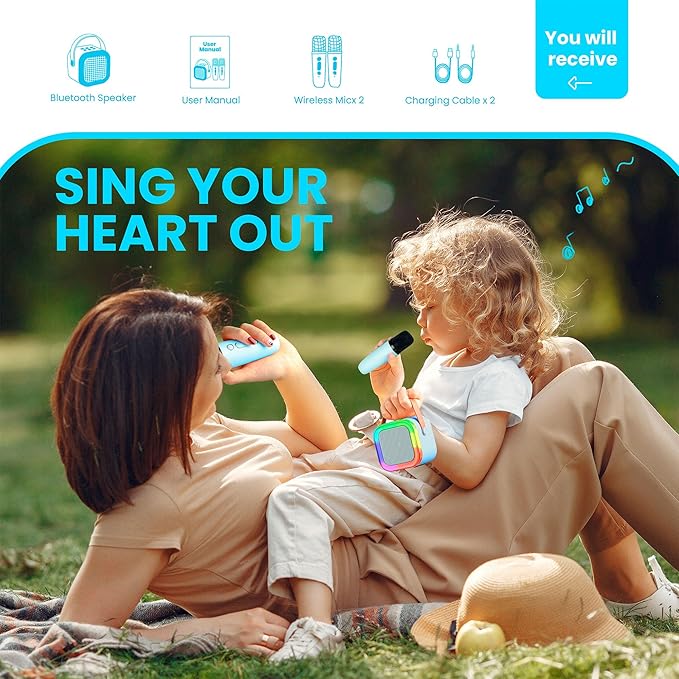 Máquina de Karaoke Portátil com 2 Microfones – Bluetooth, Luzes Coloridas, para Crianças e Adultos