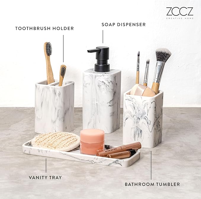 Conjunto de Acessórios de Casa de Banho ZCCZ – 4 Peças com Efeito Mármore Branco