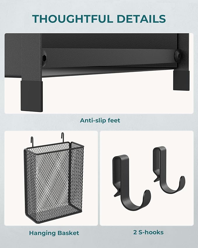 OROPY Prateleira Organizadora 2 Camadas para Bancada – Metal Preto com Cesta Suspensa e Ganchos