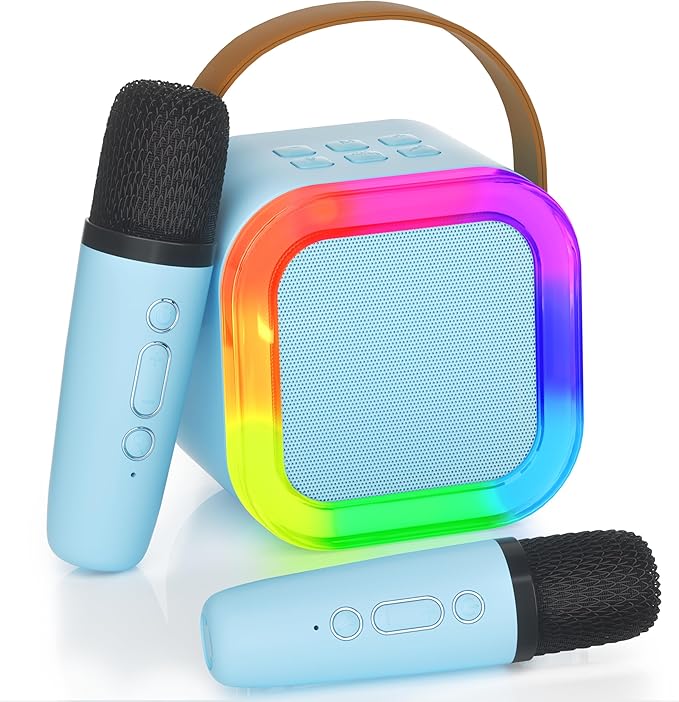 Máquina de Karaoke Portátil com 2 Microfones – Bluetooth, Luzes Coloridas, para Crianças e Adultos