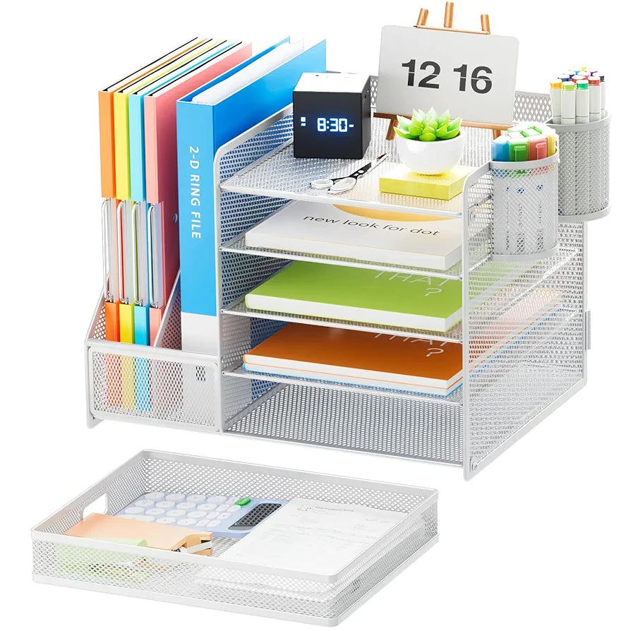 Marbrasse Organizador de secretária, 5 níveis organizador de bandeja de papel de malha, com gaveta e 2 suportes para canetas esferográficas, organizador de secretária armazenamento para casa