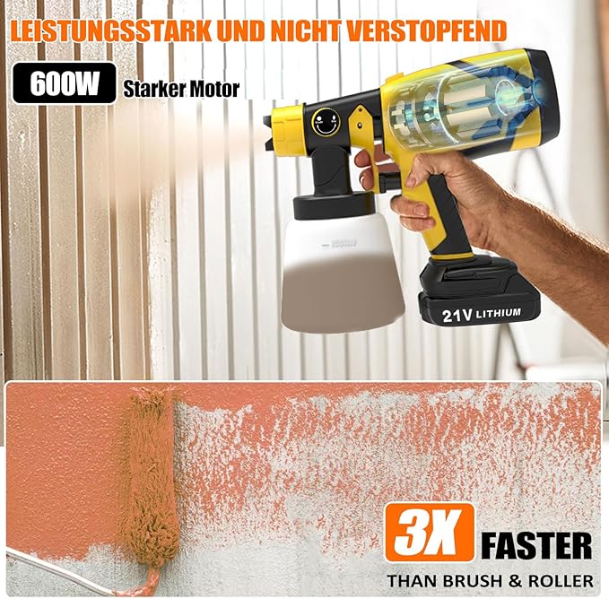 Pistola de Pintura Elétrica a Bateria 21V 600W – Depósito 1000 ml, 6 Bicos, 3 Modos de Pulverização (Amarela)