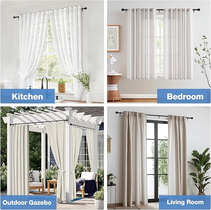 Varão de Cortina Extensível 76–305 cm Metal, Preto Mate, Tampas Redondas, Suporte de Parede