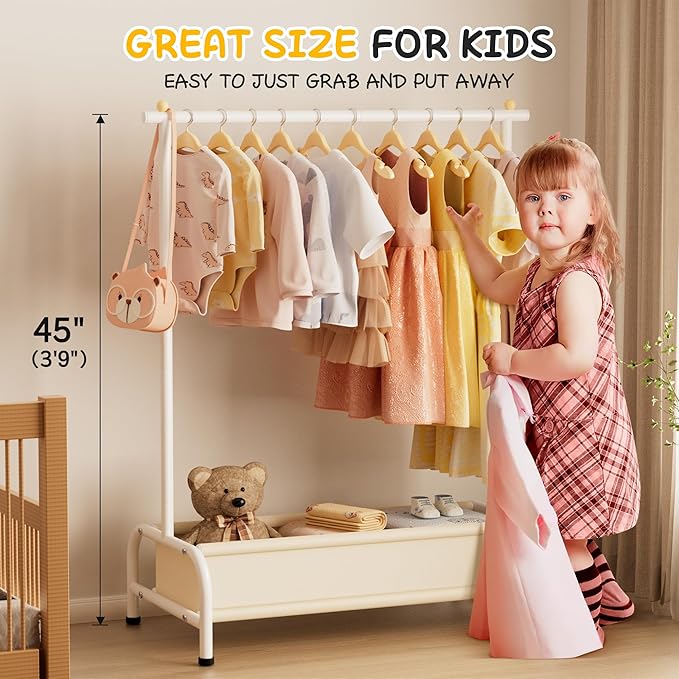 Suporte de Cabides Infantil com Cesto — Estrutura Metálica Estável, 114 cm, Ideal para Quarto, Roupa de Criança e Organização