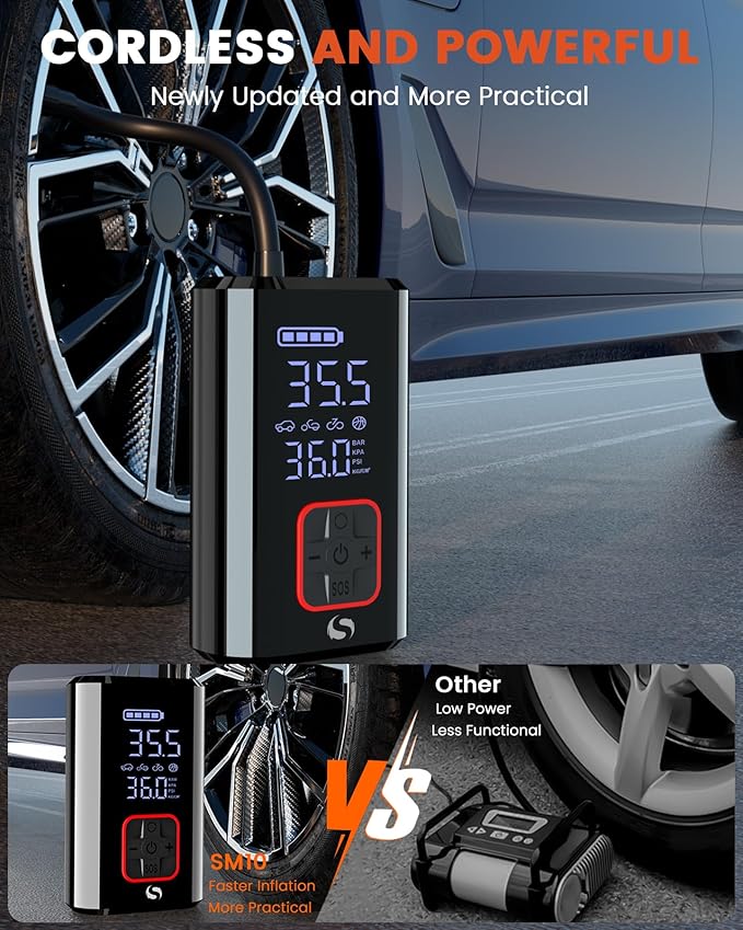 SERVOMASTER Bomba de Ar Elétrica Portátil 150 PSI 10 bar – Bateria 12V, para Bicicleta, Carro e Moto