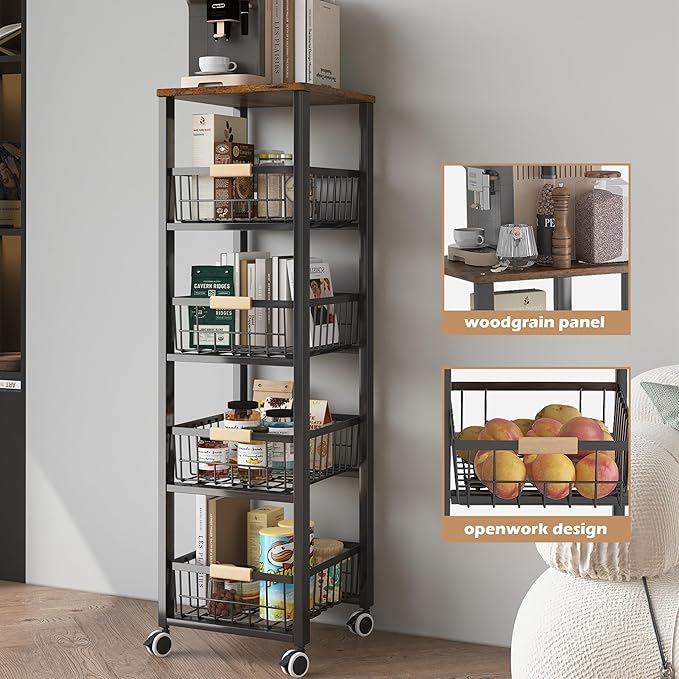 Carrinho de Cozinha 5 Níveis com Cestas e Rodas Bloqueáveis (Preto) – 40×30×107 cm